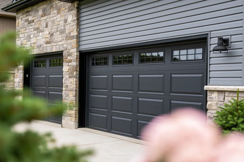 Dark charcoal garage doors on a residential home exterior with stone and siding details
