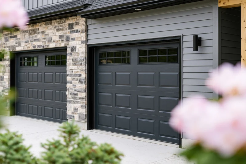 Two dark charcoal garage doors on a residential home exterior with stone and siding, framed by pink flowers and greenery