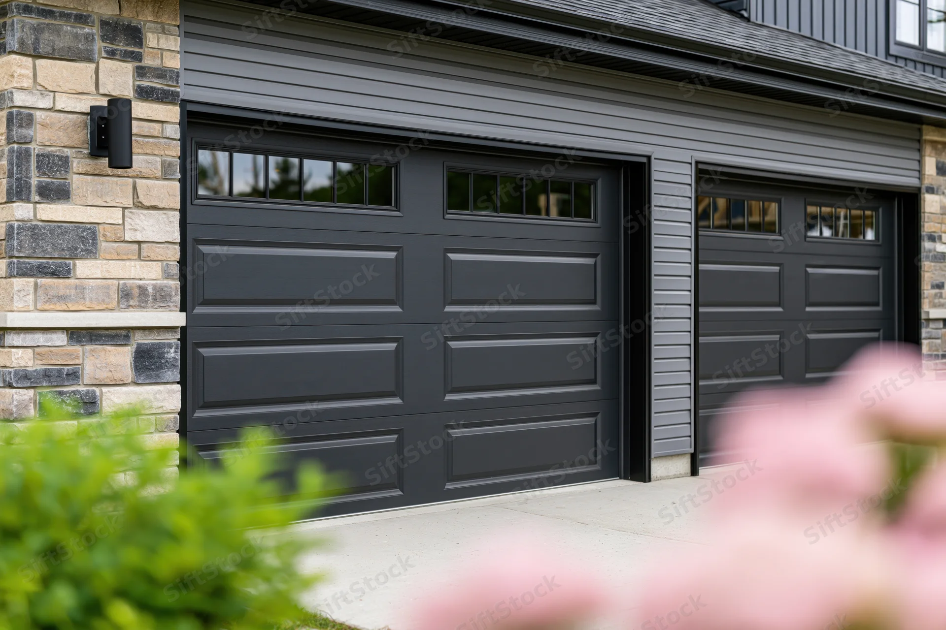 Two dark charcoal garage doors on a residential home exterior with stone siding and green shrubs in foreground