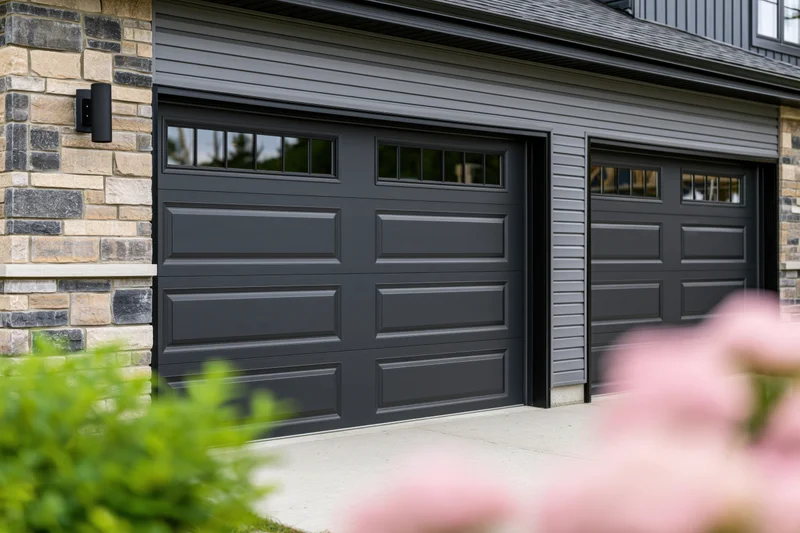 Two dark charcoal garage doors on a residential home exterior with stone siding and green shrubs in foreground