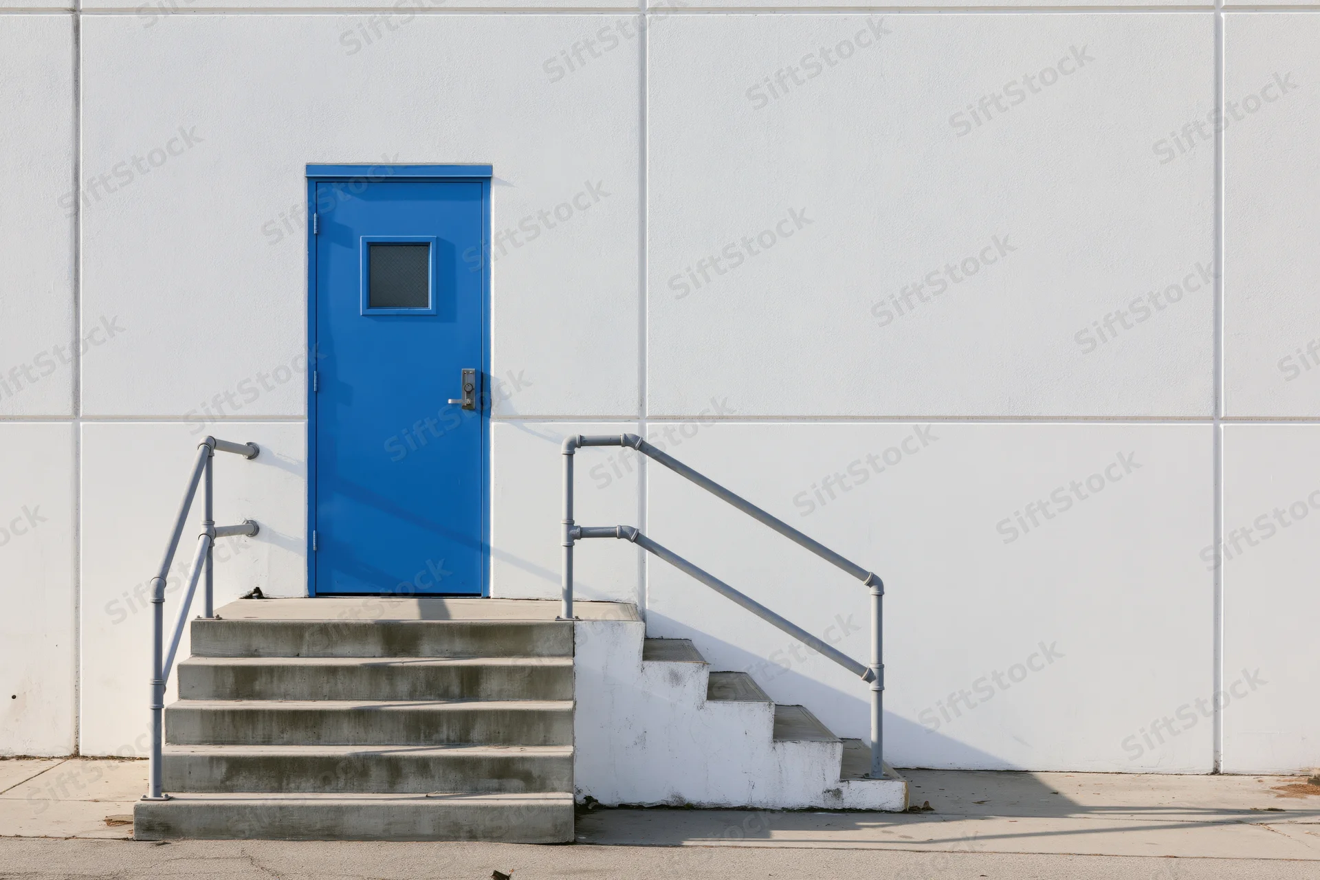 Blue door on concrete stairs with metal railings at warehouse exterior