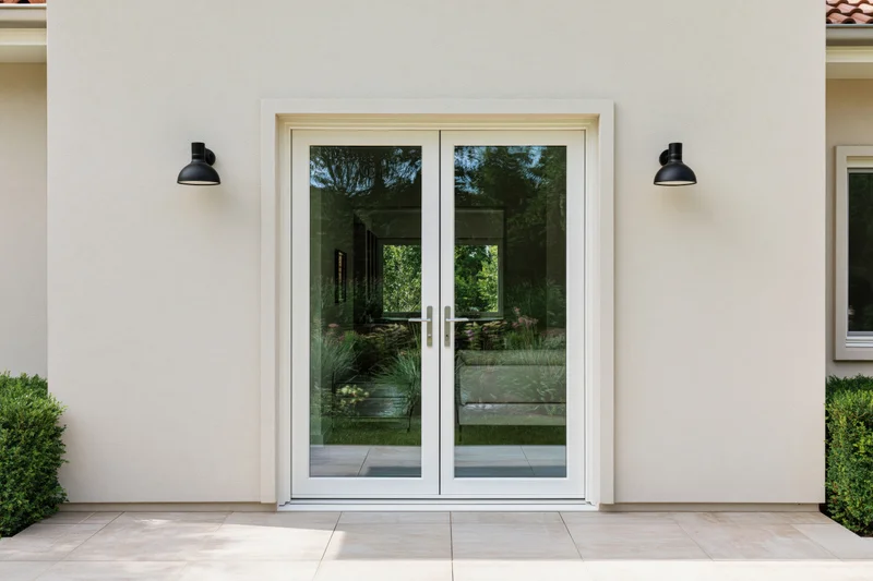 Modern suburban house facade with white double glass doors and black wall sconces flanking the entrance