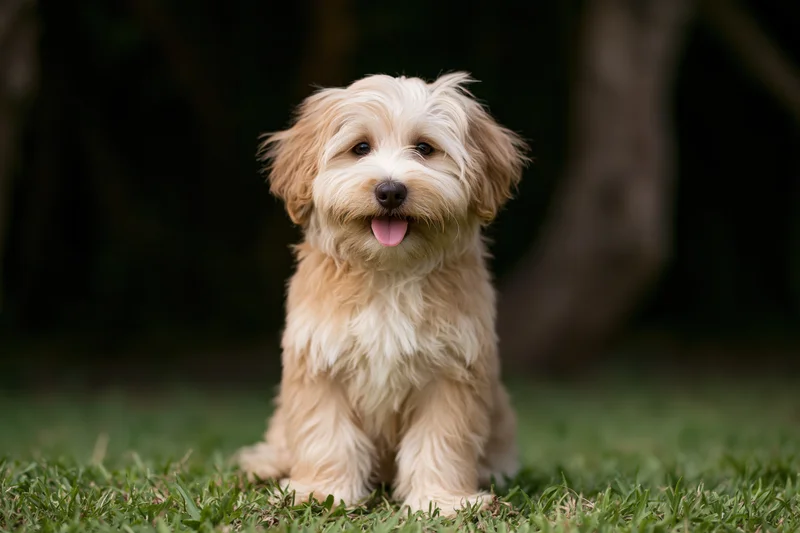 Fluffy havanese puppy sitting upright on green grass outdoors