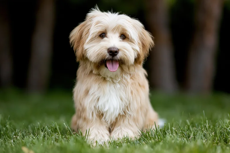 Fluffy havanese puppy sitting upright on green grass outdoors
