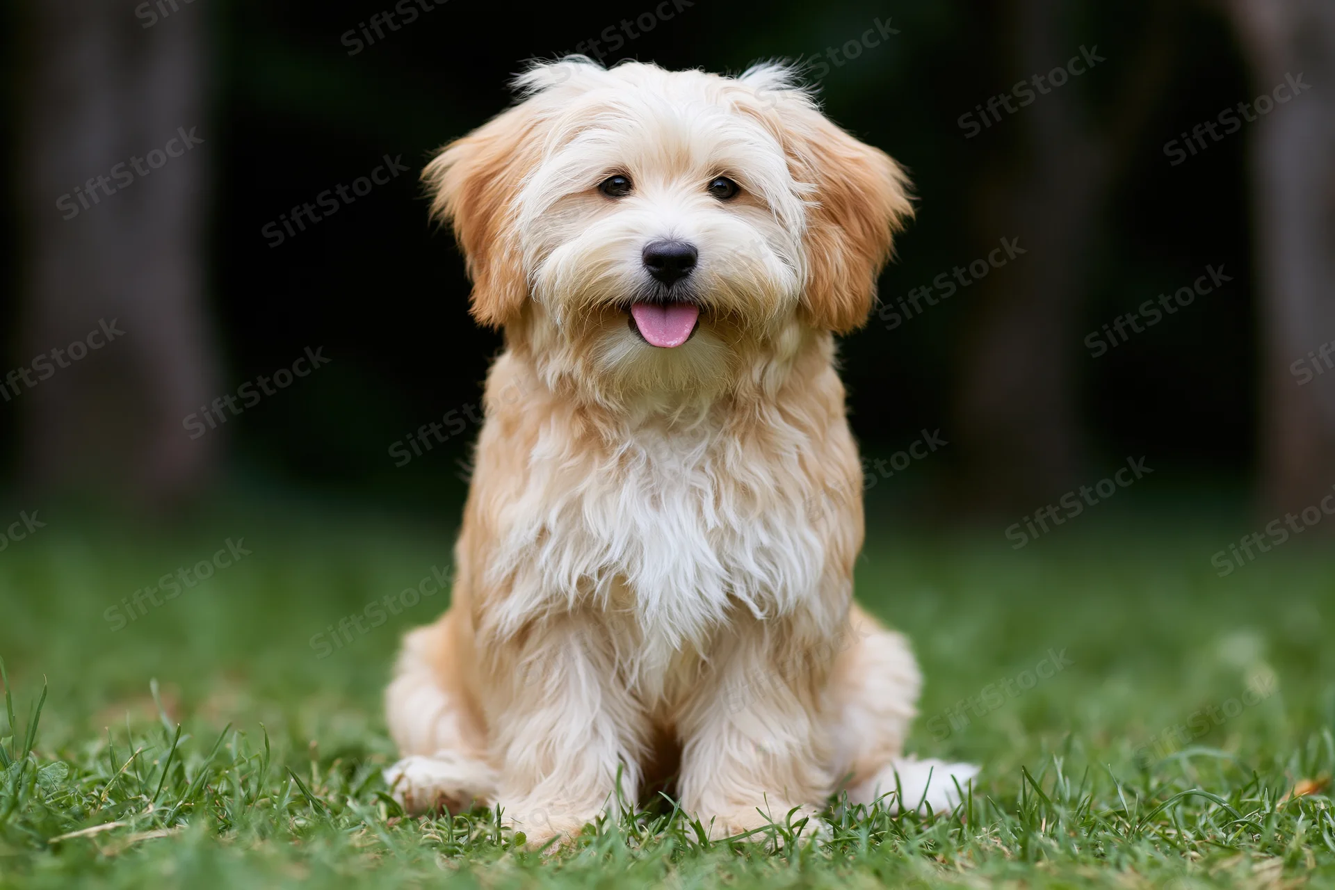 Fluffy havanese puppy sitting upright on green grass in a park