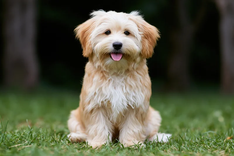 Fluffy havanese puppy sitting upright on green grass in a park