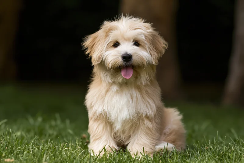 Fluffy havanese puppy sitting upright on short green grass outdoors
