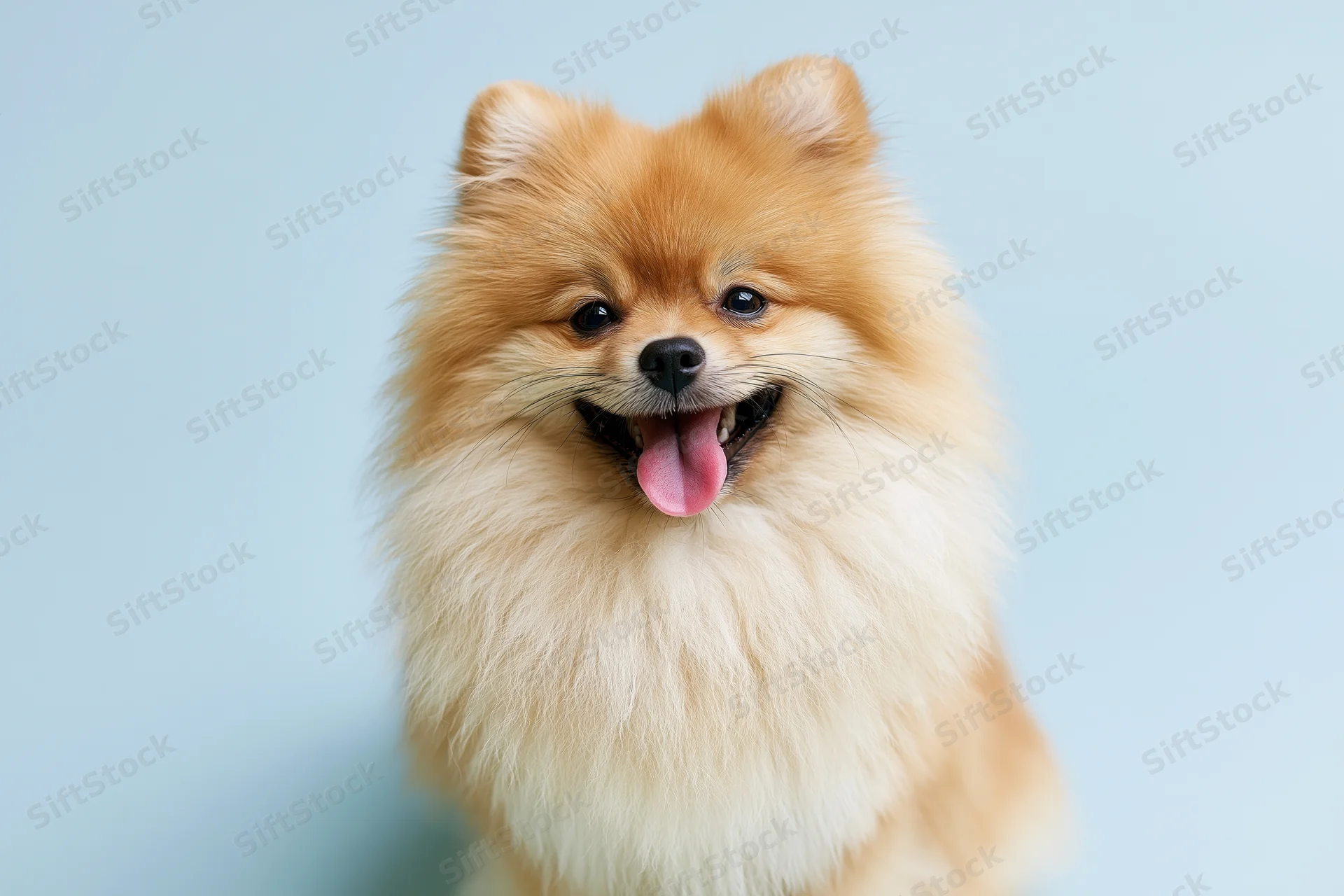 Fluffy pomeranian dog sitting upright facing camera with tongue out against light blue background