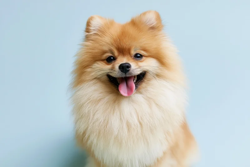 Fluffy pomeranian dog sitting upright facing camera with tongue out against light blue background