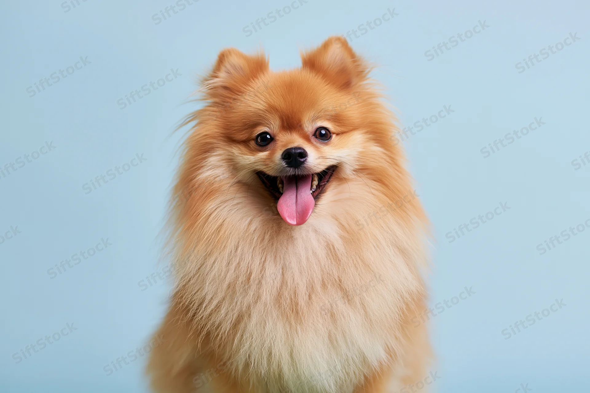 Fluffy pomeranian dog sitting upright facing camera with tongue out against light blue background