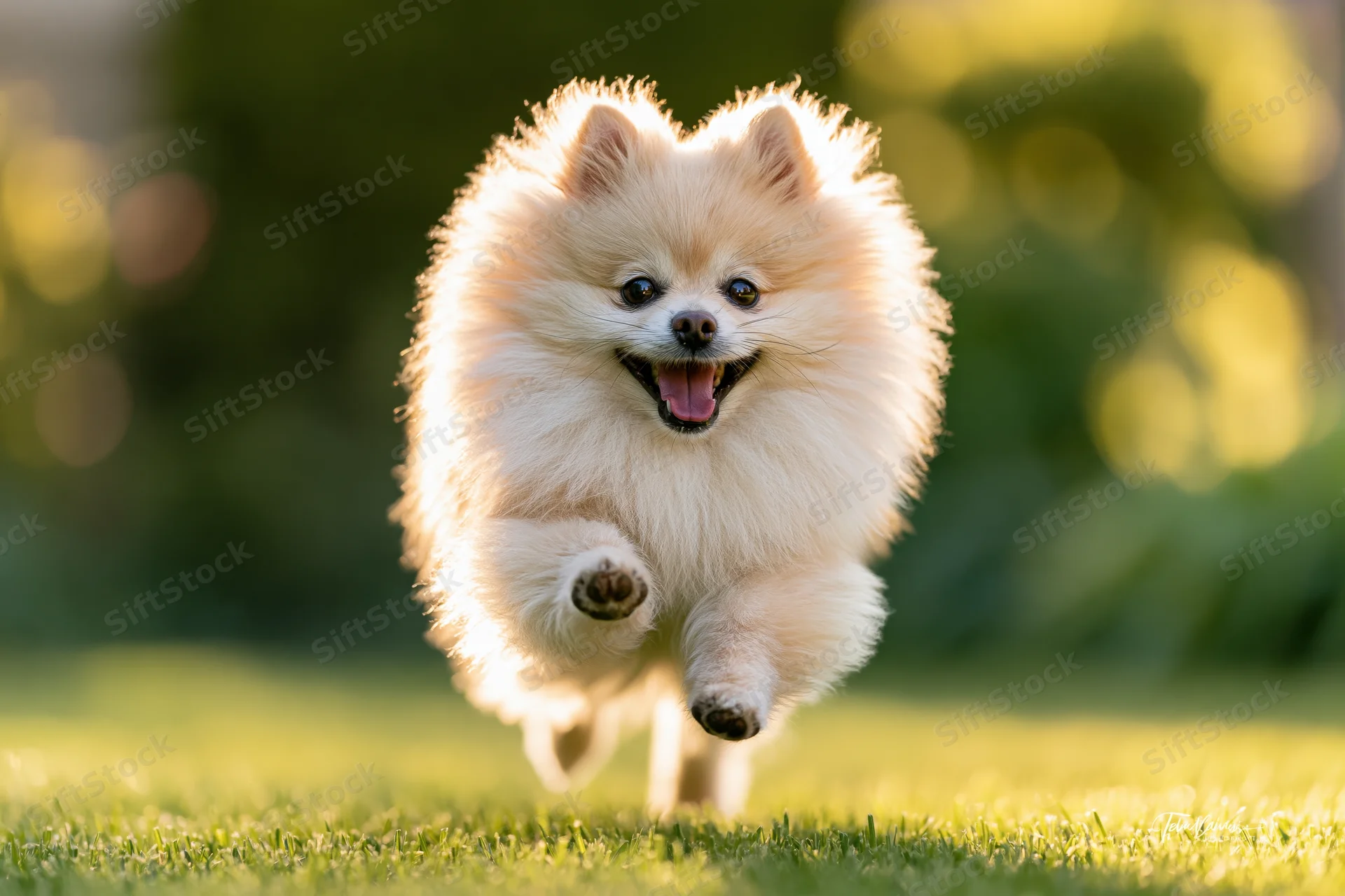 Fluffy cream pomeranian running toward camera on green grass in sunlight