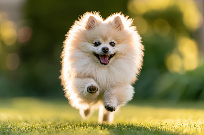 Fluffy cream pomeranian running toward camera on green grass in sunlight