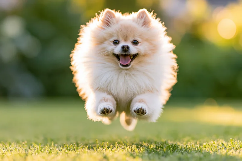 Fluffy cream pomeranian dog jumping midair toward camera on green grass in sunlight
