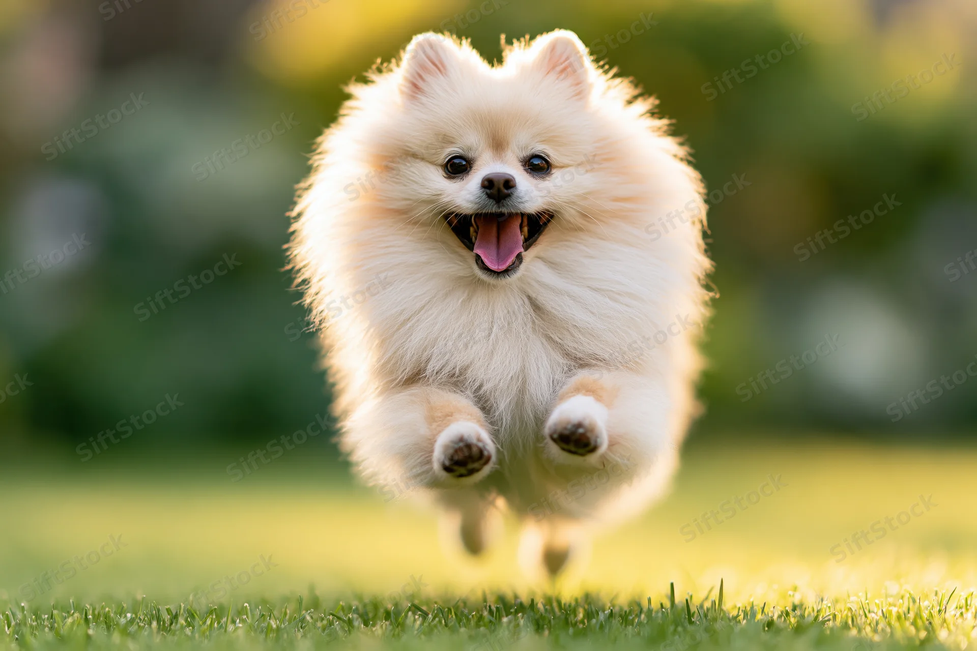 Fluffy cream pomeranian running toward camera on green grass in park