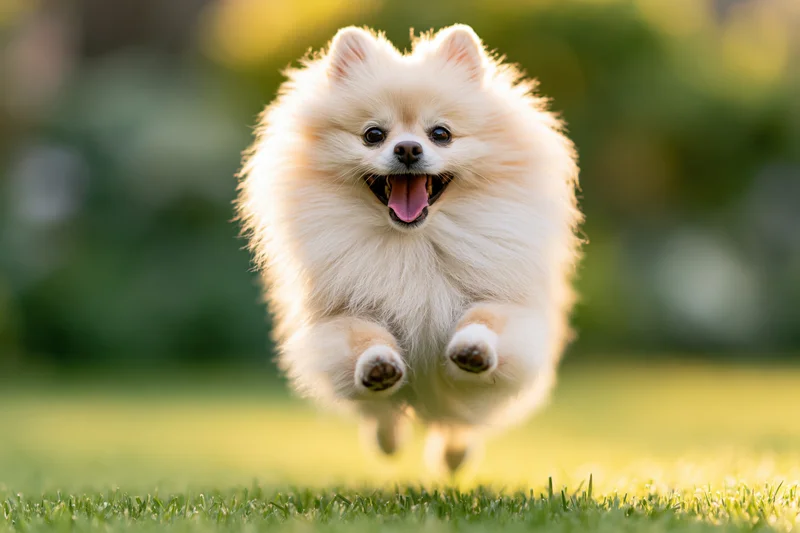 Fluffy cream pomeranian running toward camera on green grass in park