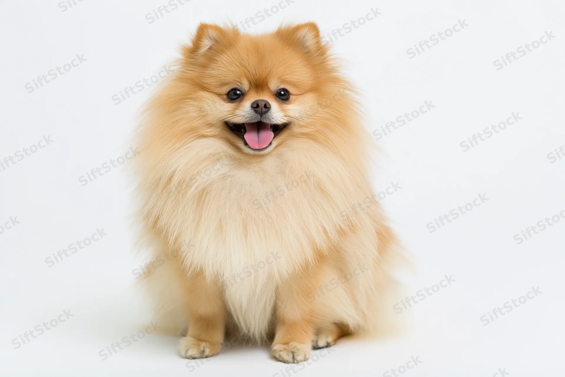 Fluffy orange pomeranian dog sitting upright facing camera on white background