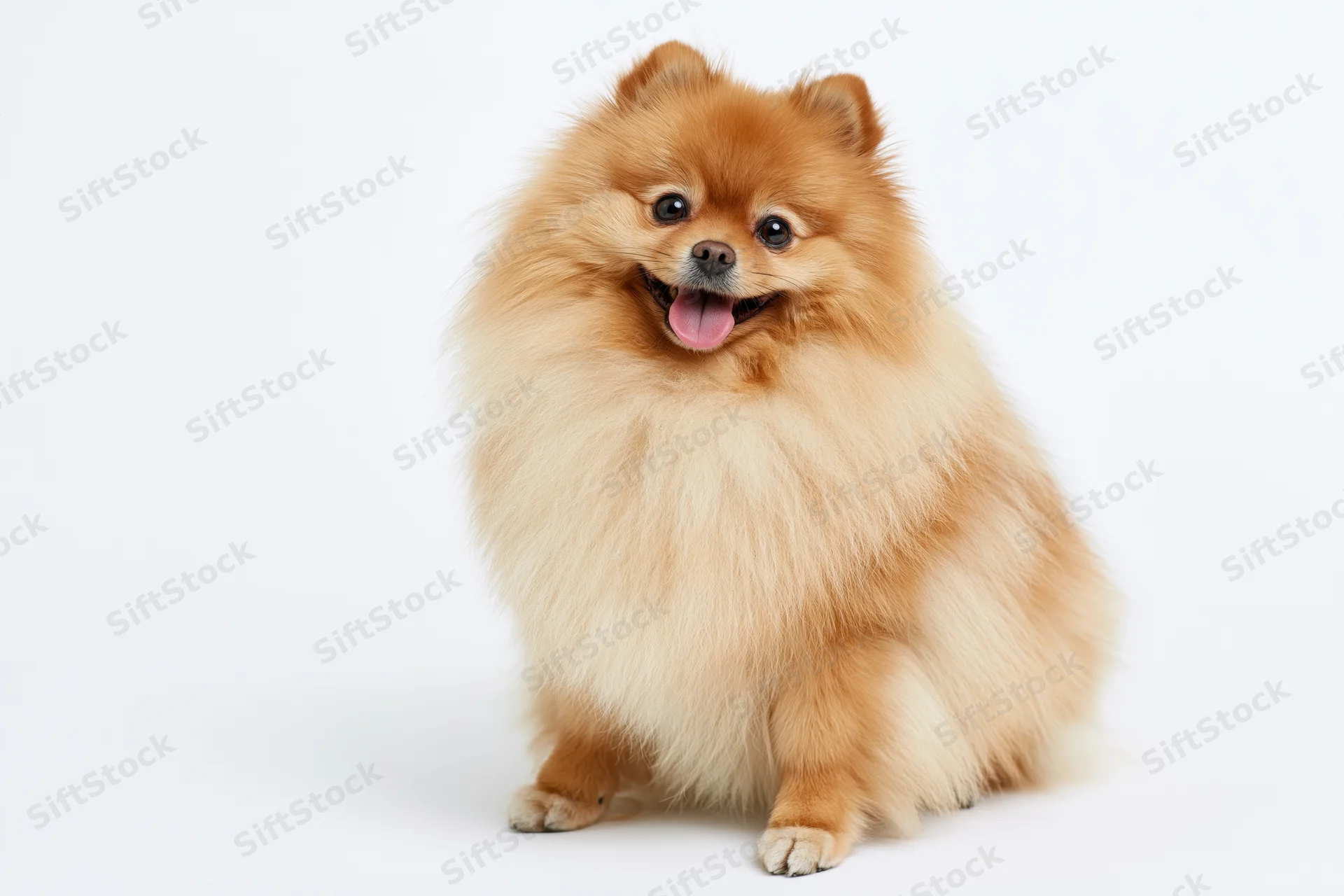Fluffy orange pomeranian dog sitting upright facing camera on white background