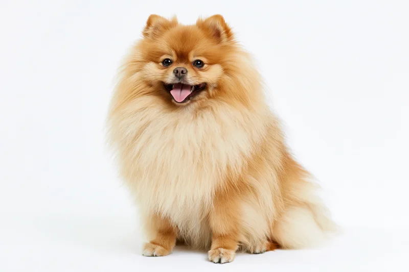 Fluffy orange pomeranian dog sitting upright facing camera on white background