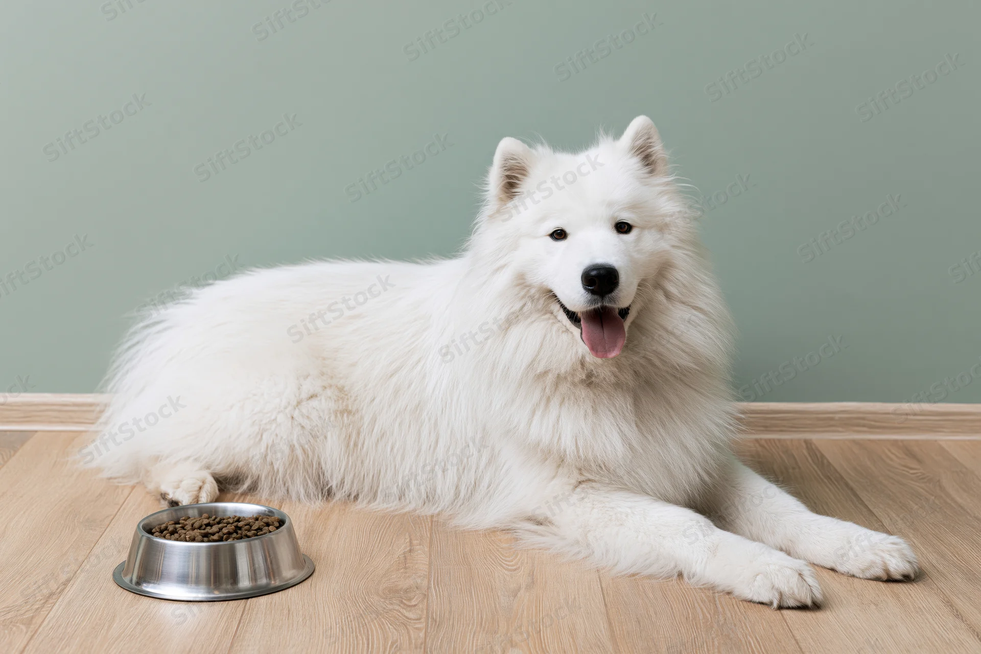 Fluffy white samoyed dog lying on light wood floor next to metal food bowl