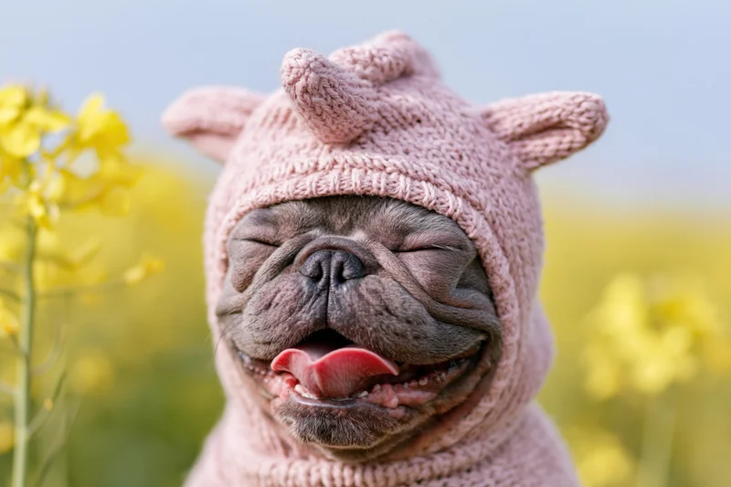 Frenchbulldog wearing pink knit unicorn hat in a yellow flower field