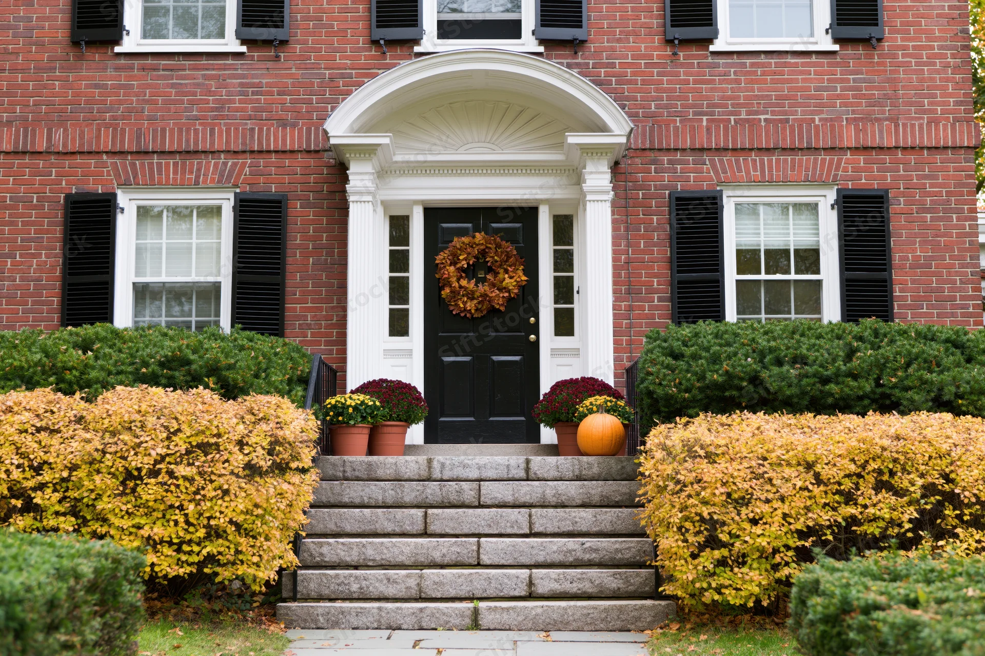 Front entrance of a red brick colonial home decorated for autumn with wreath and pumpkin on steps