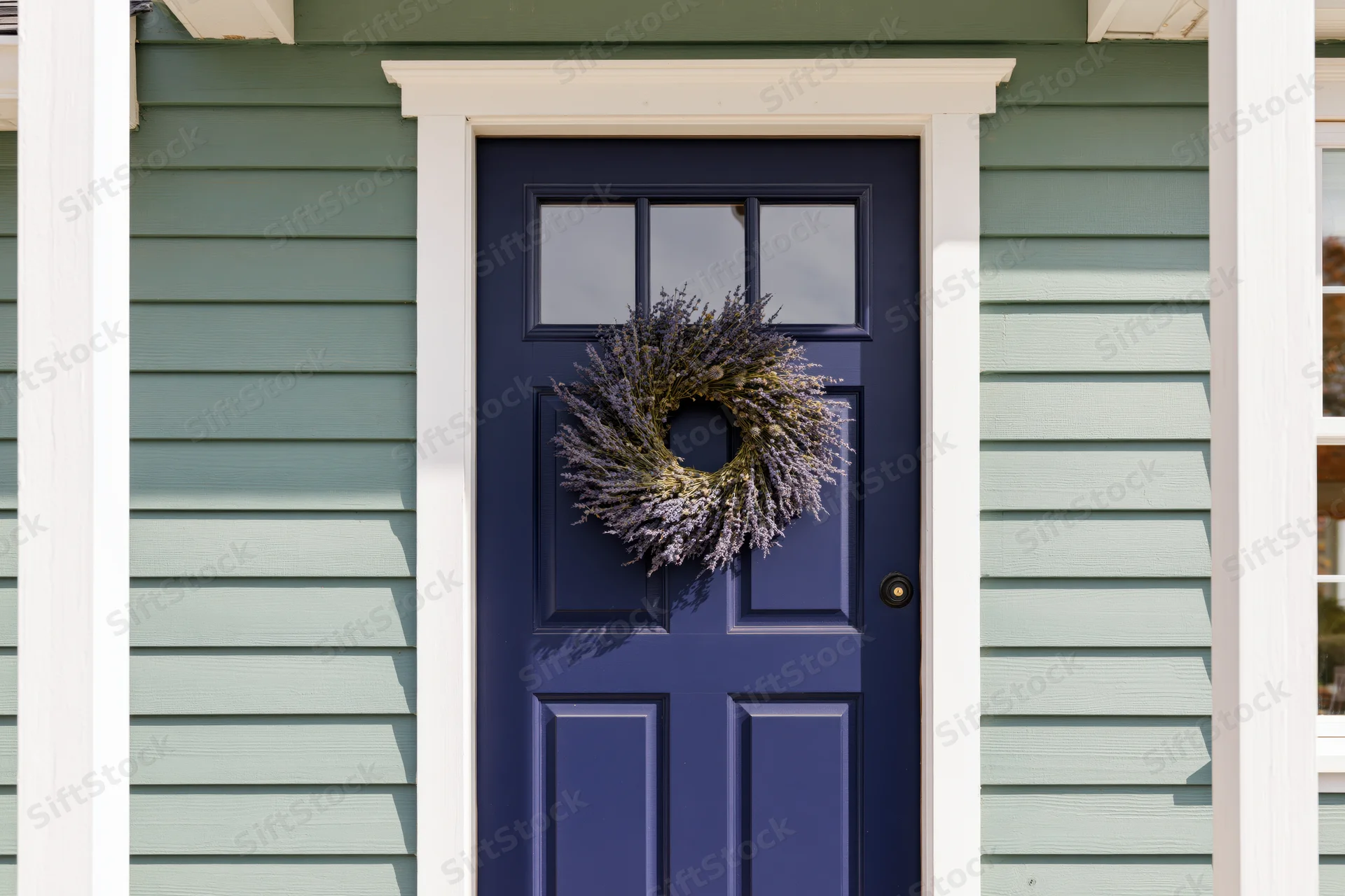 Navy blue front door with lavender wreath on green siding house exterior