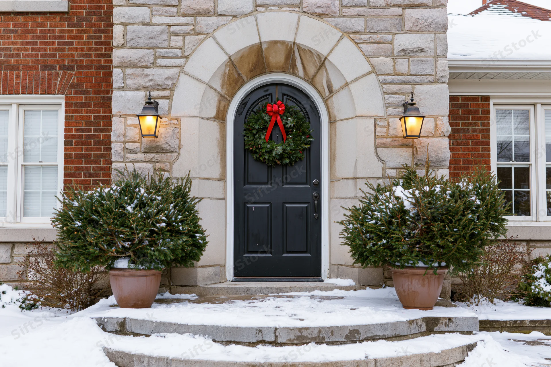 Front entrance of a stone and brick house with a christmas wreath on the door, flanked by potted evergreens in snow