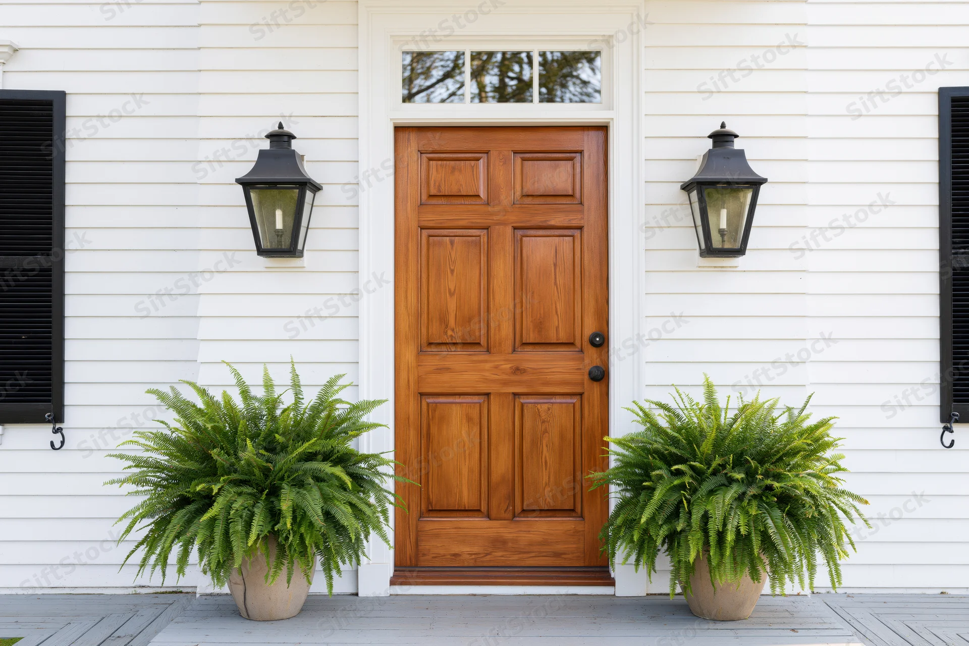 Wooden front door of white clapboard house flanked by potted ferns and black lanterns on porch