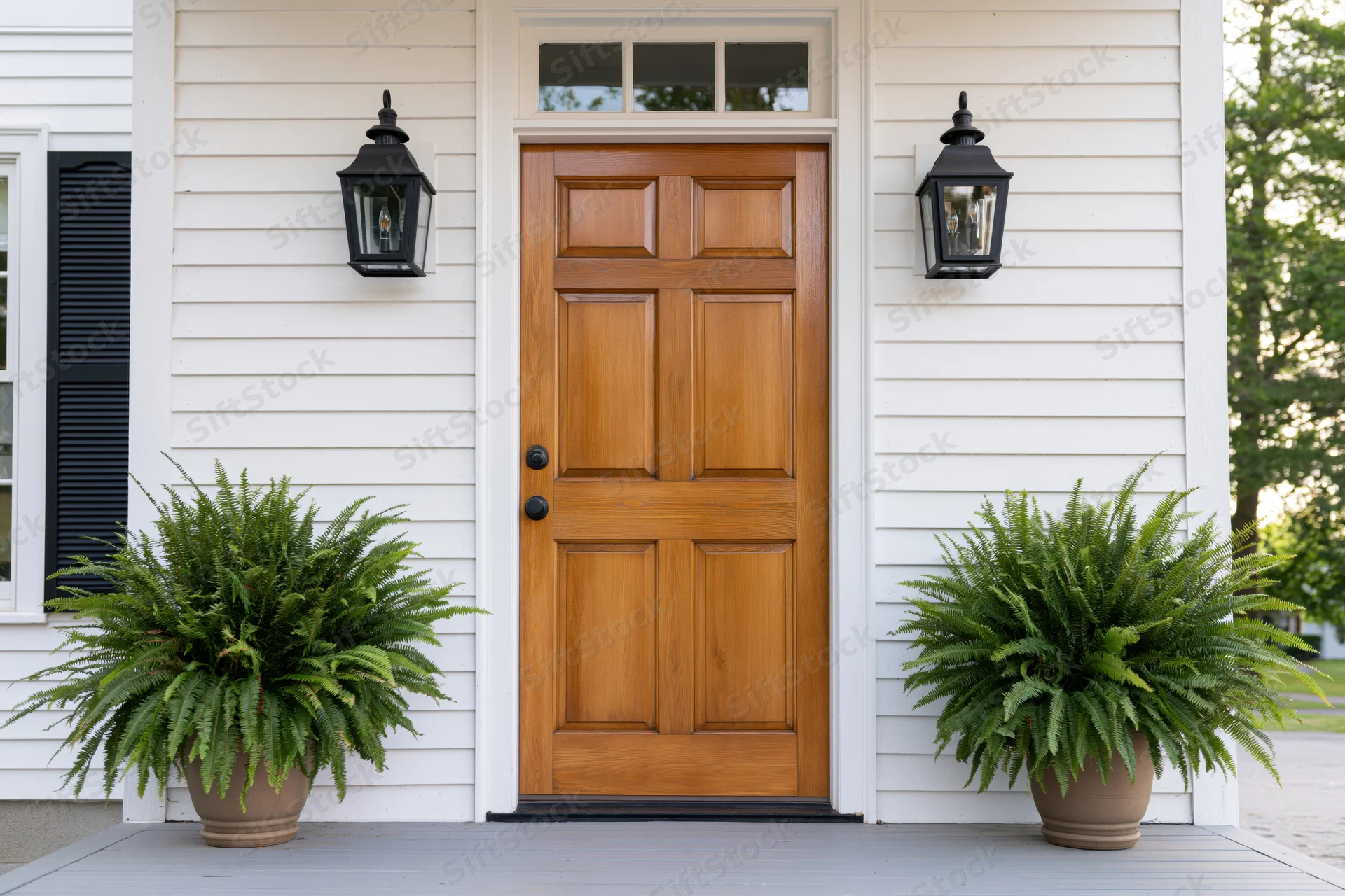 Front entrance of a white clapboard house with wooden door flanked by potted ferns and black lanterns