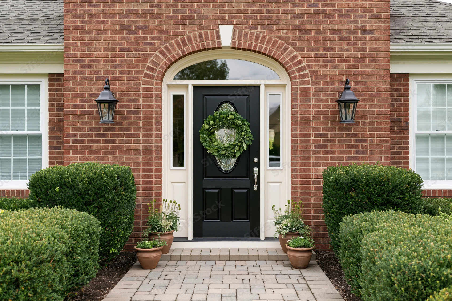 Front entrance of an upscale brick suburban home with black door, green wreath, and potted plants on stone pathway
