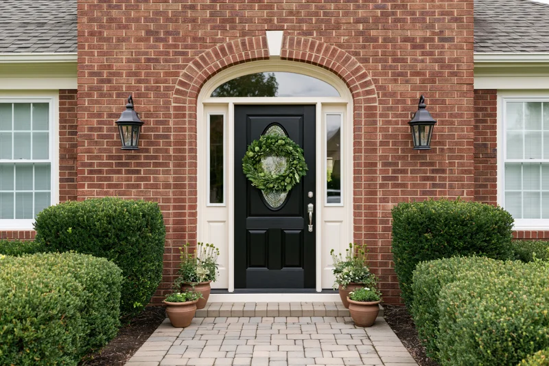 Front entrance of an upscale brick suburban home with black door, green wreath, and potted plants on stone pathway