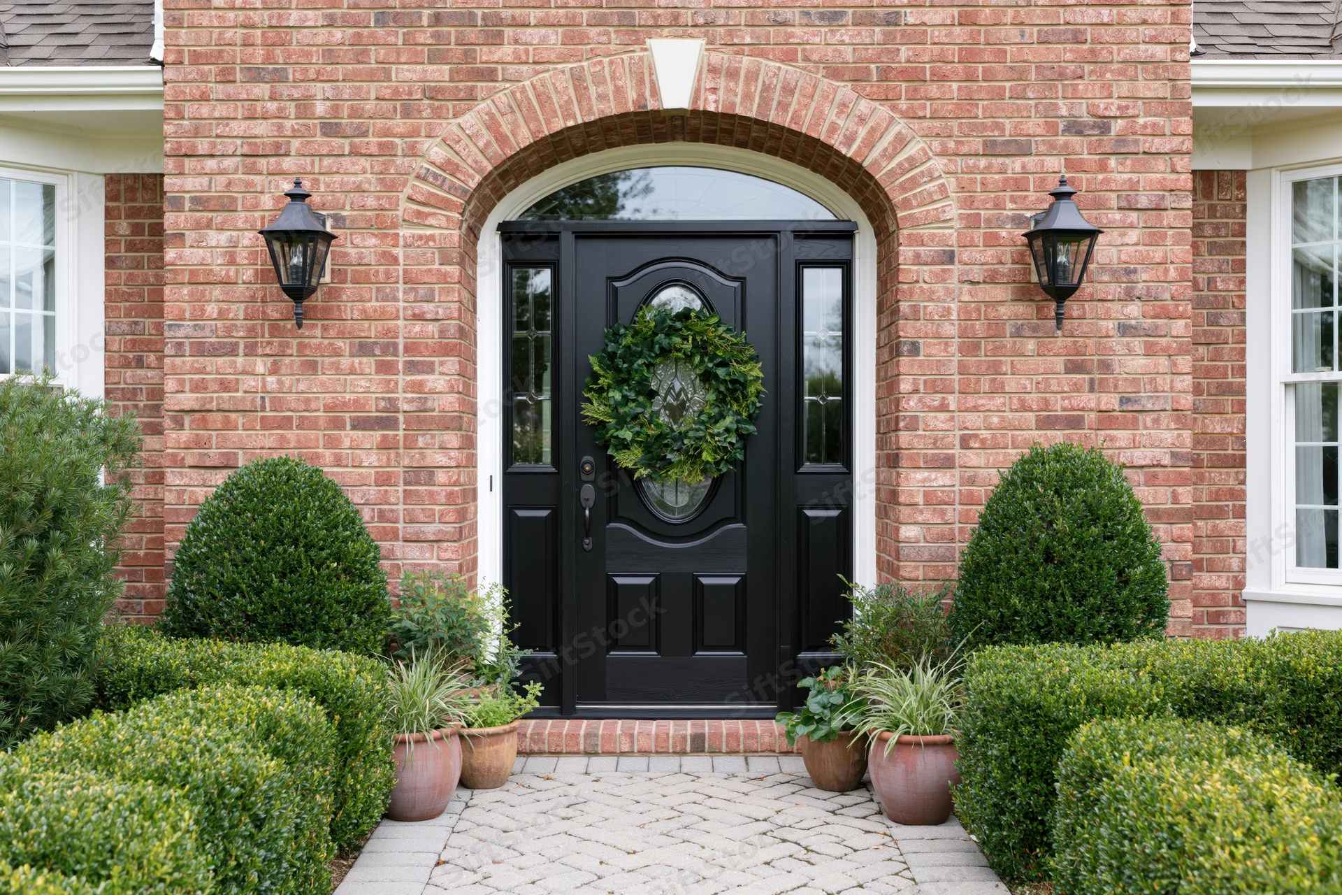 Black front door with green wreath centered under arched brick entryway flanked by lanterns and potted plants on cobblestone pathway