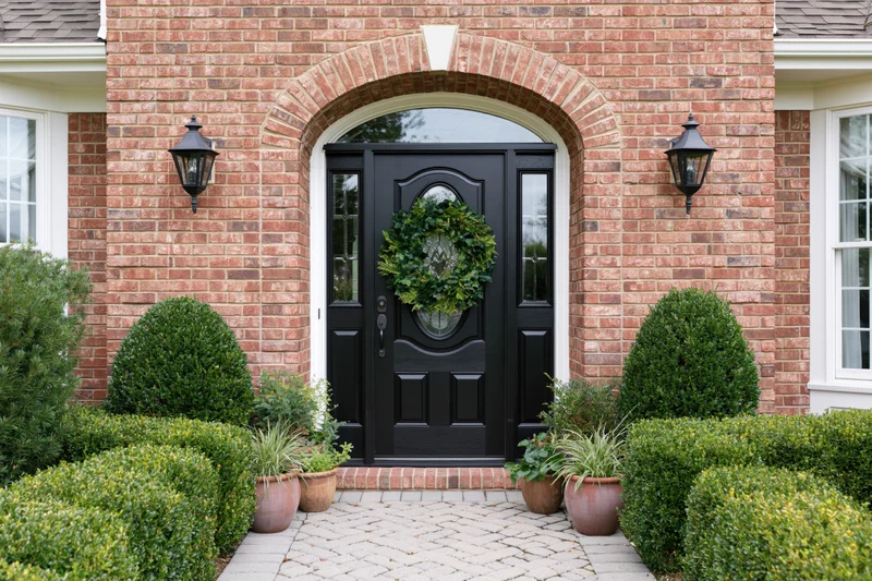 Black front door with green wreath centered under arched brick entryway flanked by lanterns and potted plants on cobblestone pathway