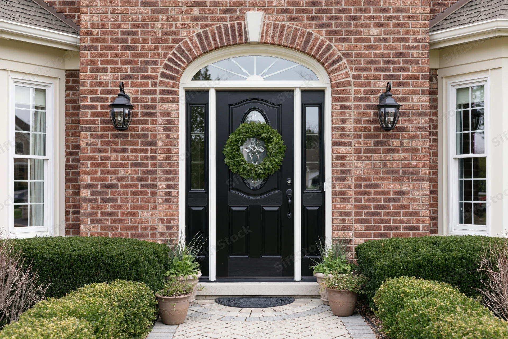Front entrance of an upscale brick suburban home with black door, green wreath, and symmetrical landscaping