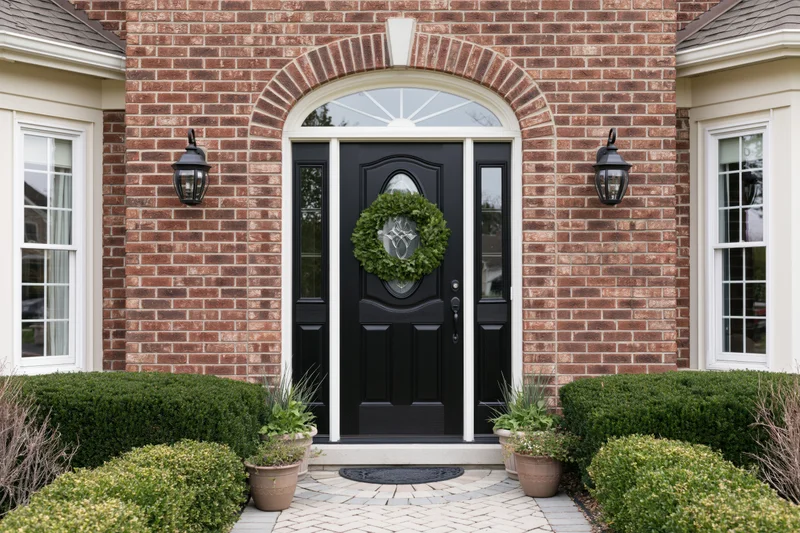 Front entrance of an upscale brick suburban home with black door, green wreath, and symmetrical landscaping