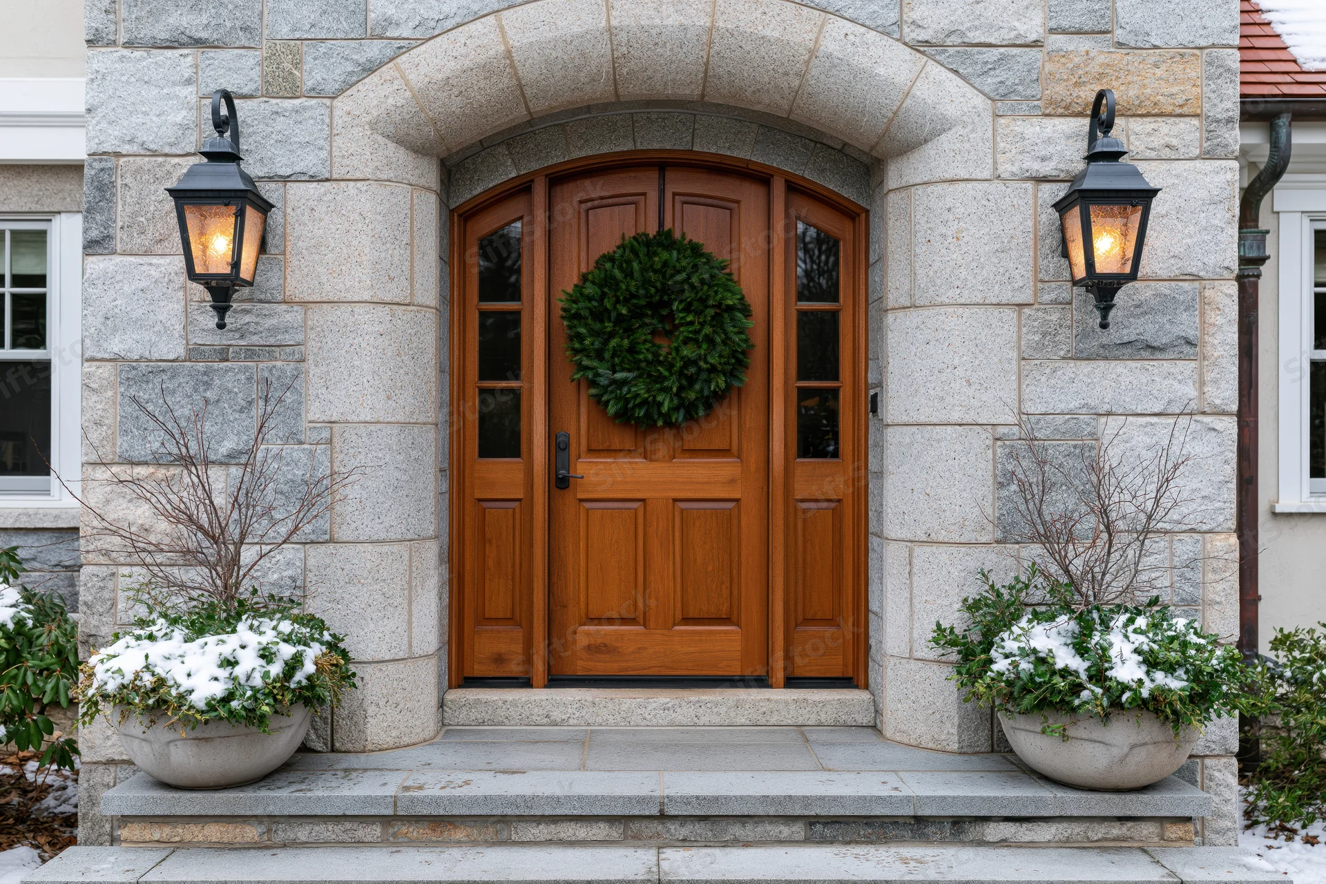 Arched wooden front door with evergreen wreath and stone facade flanked by lanterns and snow-dusted planters