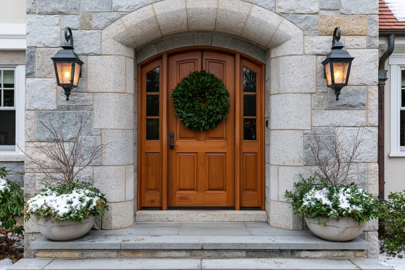 Arched wooden front door with evergreen wreath and stone facade flanked by lanterns and snow-dusted planters