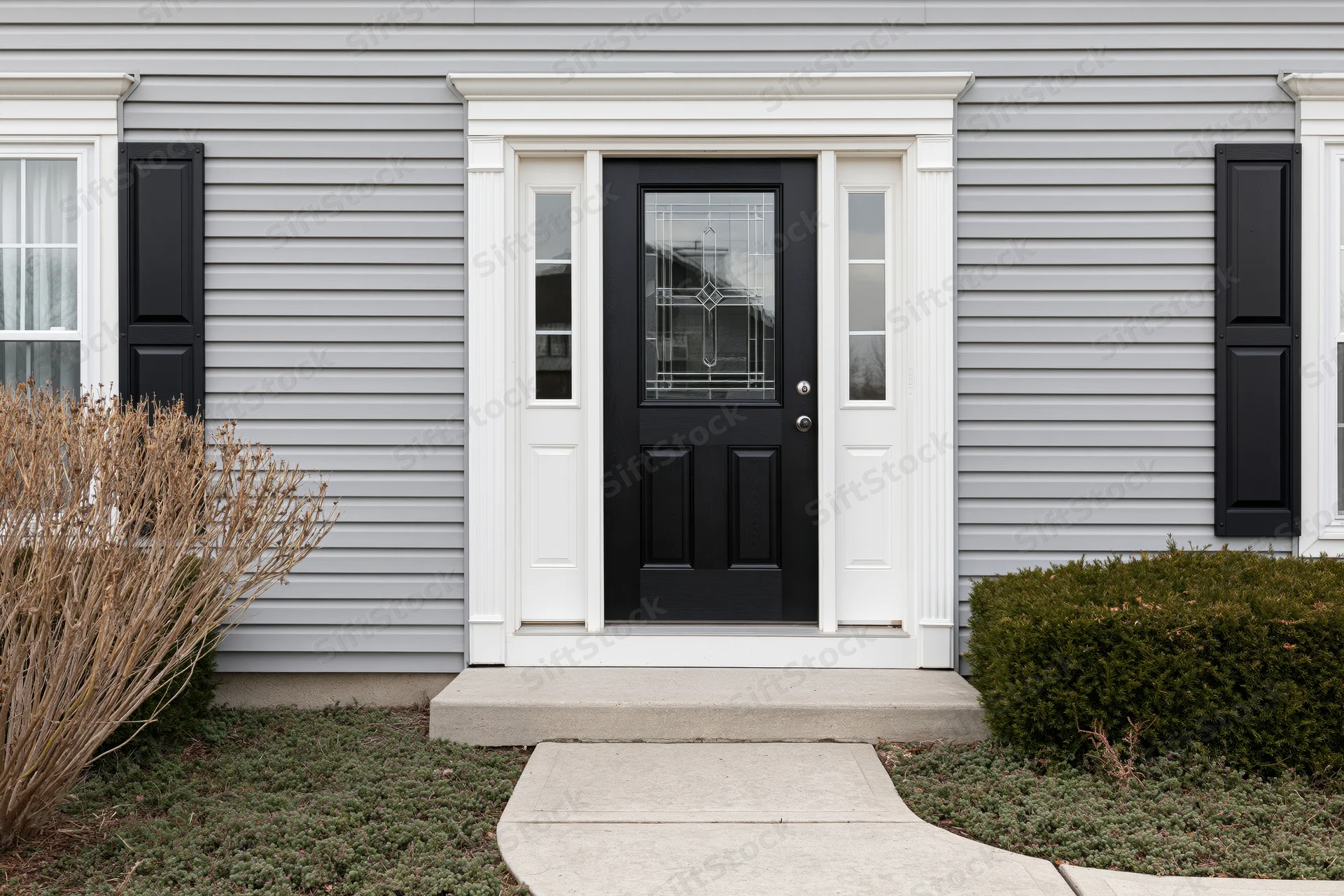 Front entrance of a colonial-style suburban home with black door and white trim