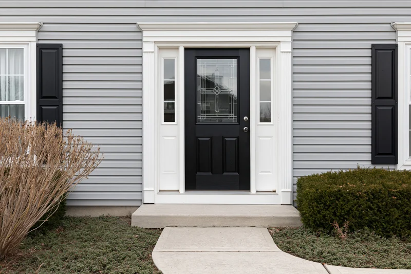 Front entrance of a colonial-style suburban home with black door and white trim