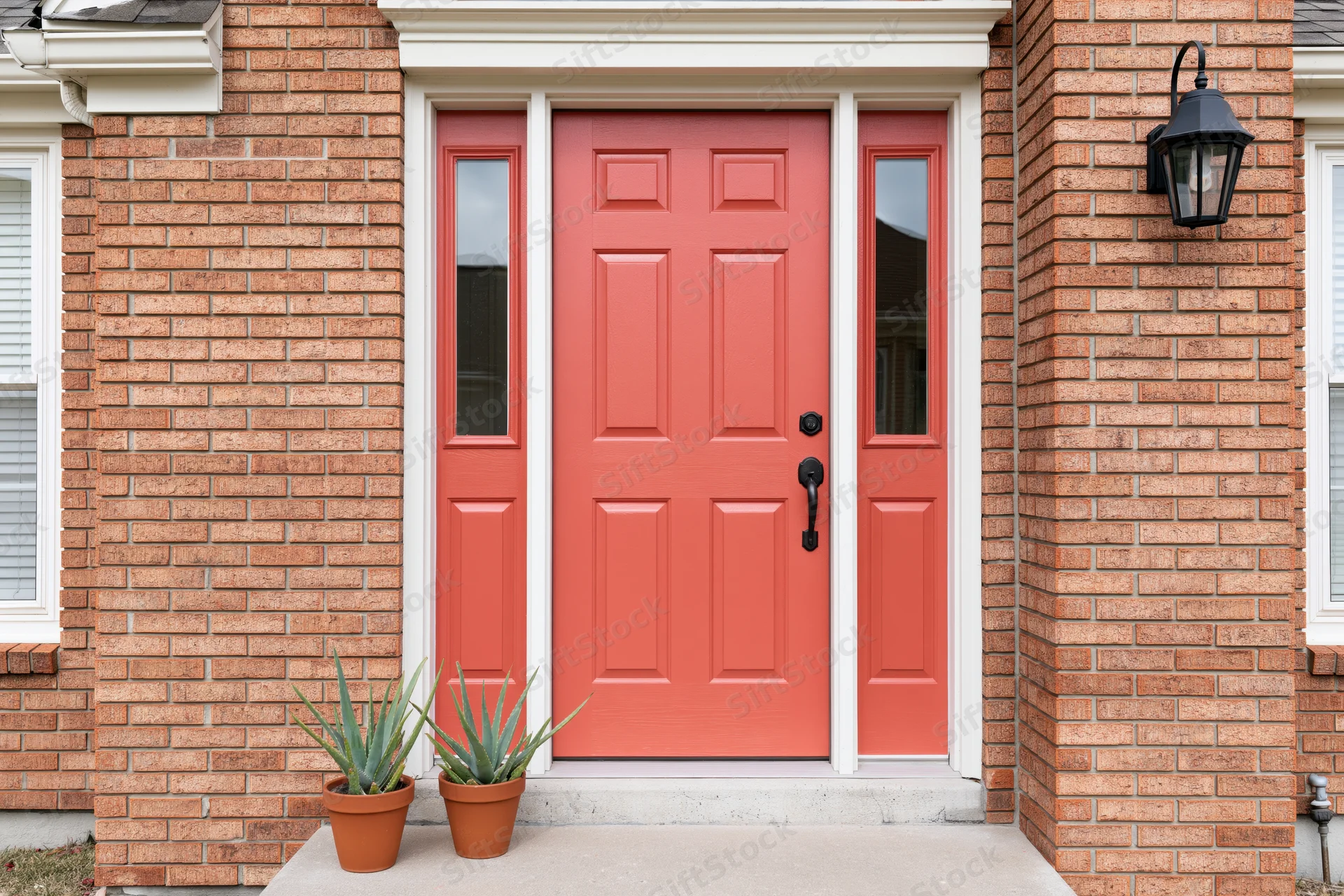 Red front door with sidelights on a brick suburban home entrance