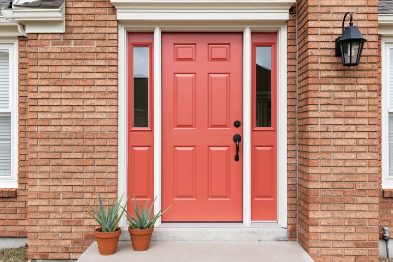 Red front door with sidelights on a brick suburban home entrance