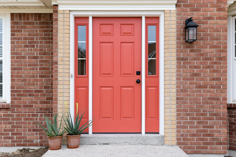 Red front door with sidelights on a brick suburban home entrance