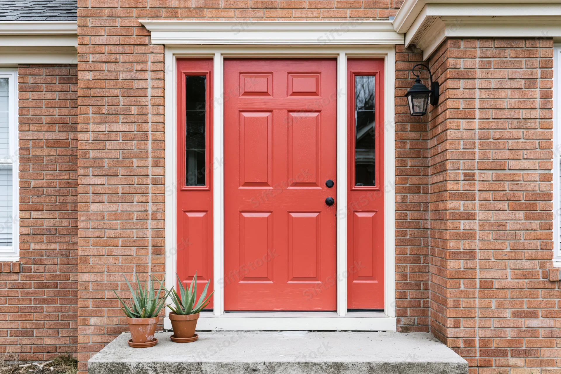 Red front door with sidelights on a brick suburban home entrance