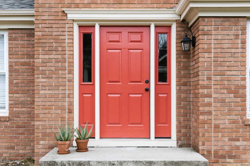 Red front door with sidelights on a brick suburban home entrance