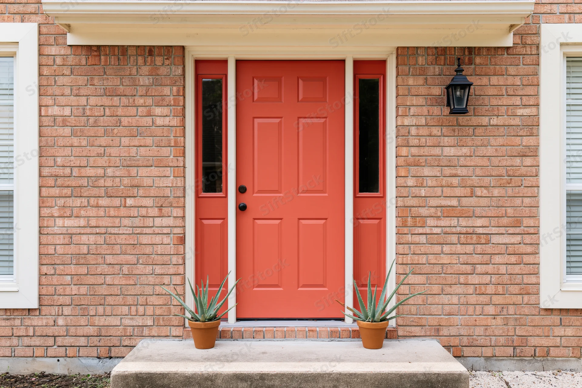 Red front door on brick suburban home with potted succulents on porch steps