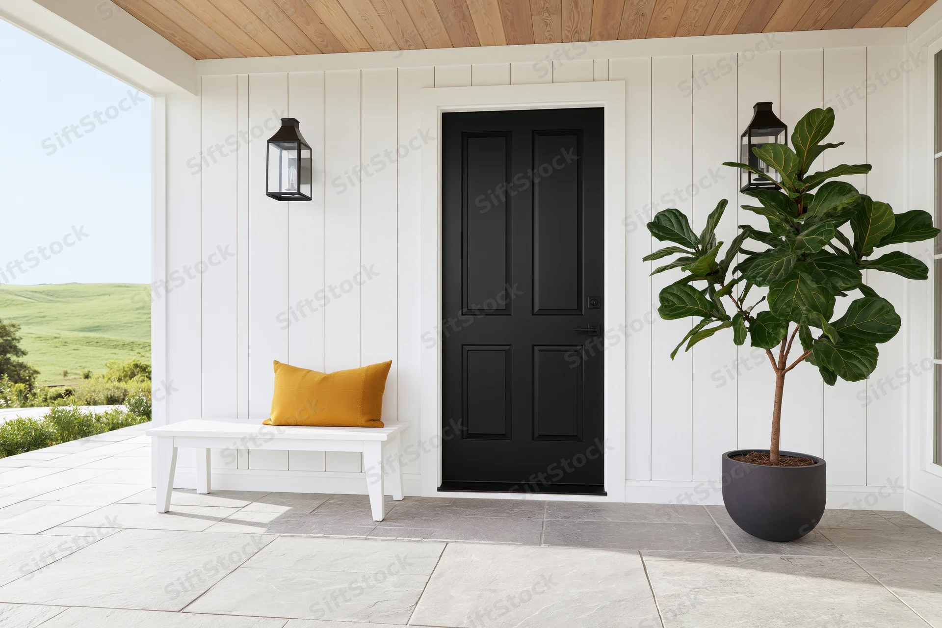 Modern farmhouse front porch with black paneled door, white bench and yellow cushion, fiddle-leaf-fig plant in gray pot, flanked by lanterns on white siding