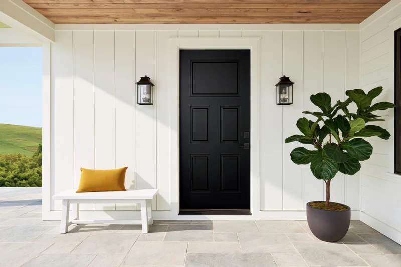 Modern farmhouse front porch with black paneled door, white bench and yellow cushion, flanked by lanterns and a potted fiddle-leaf fig plant