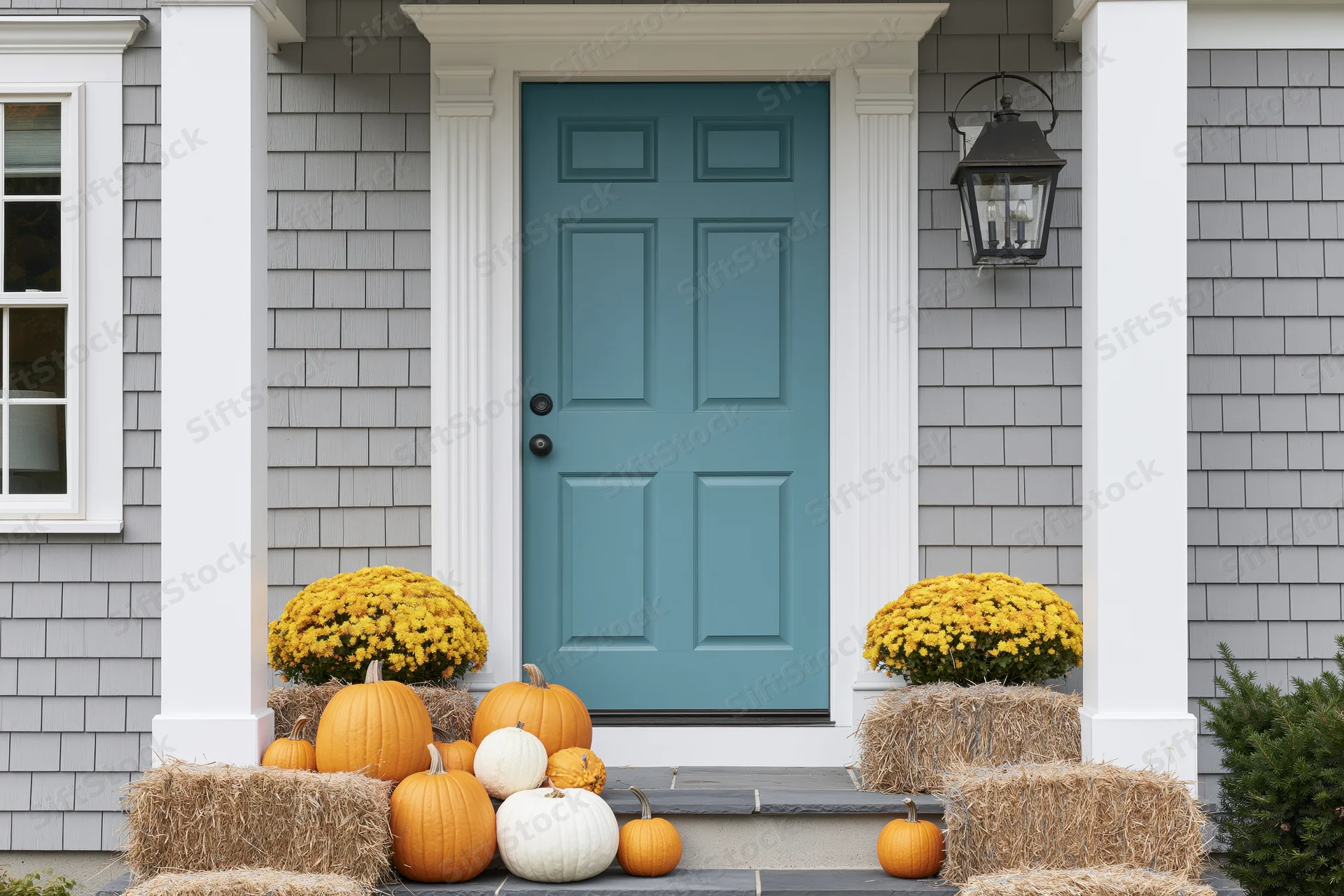 Front porch decorated with pumpkins and hay bales for autumn, teal door, suburban home