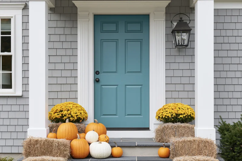 Front porch decorated with pumpkins and hay bales for autumn, teal door, suburban home