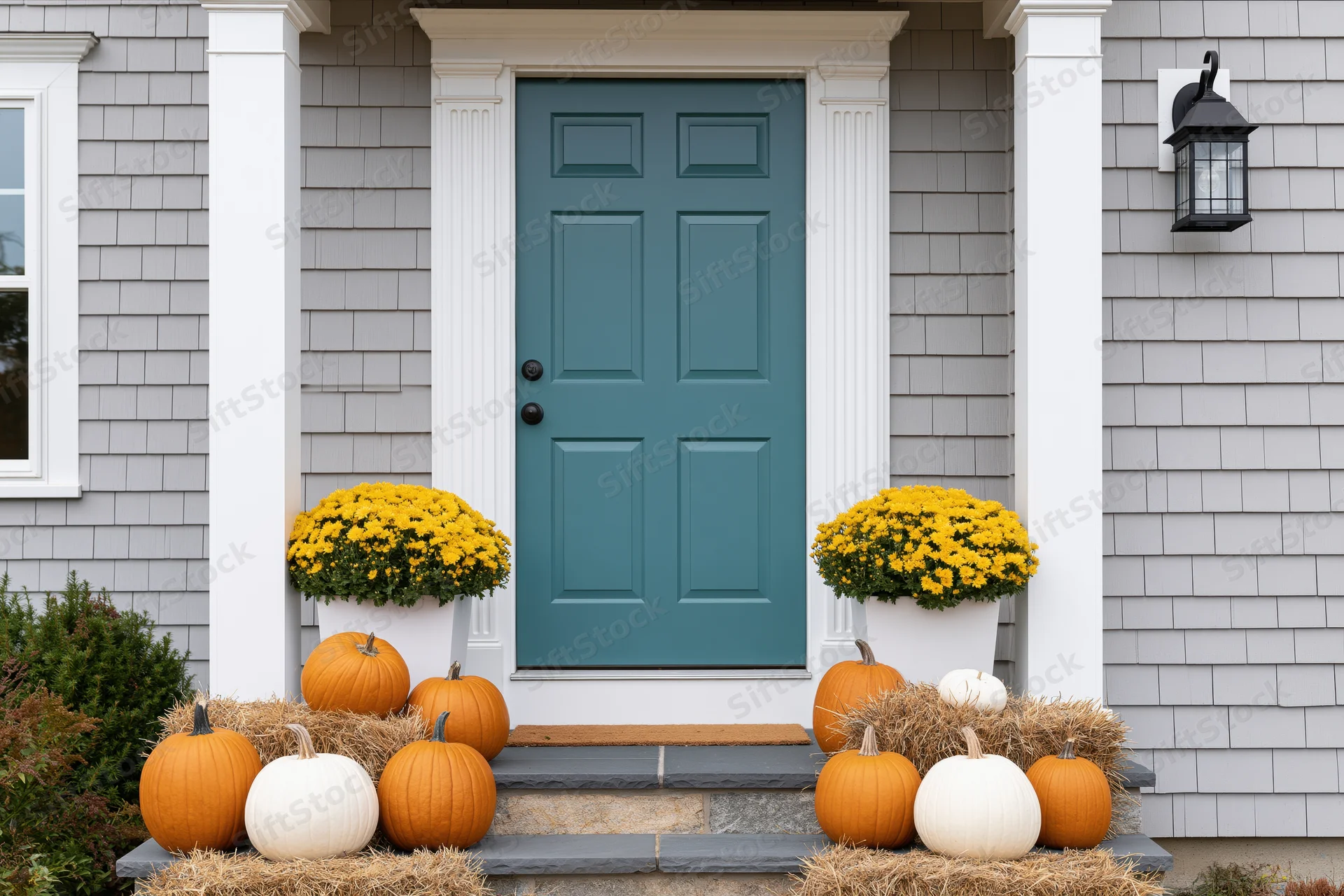 Front porch of suburban home decorated with pumpkins and yellow mums for autumn